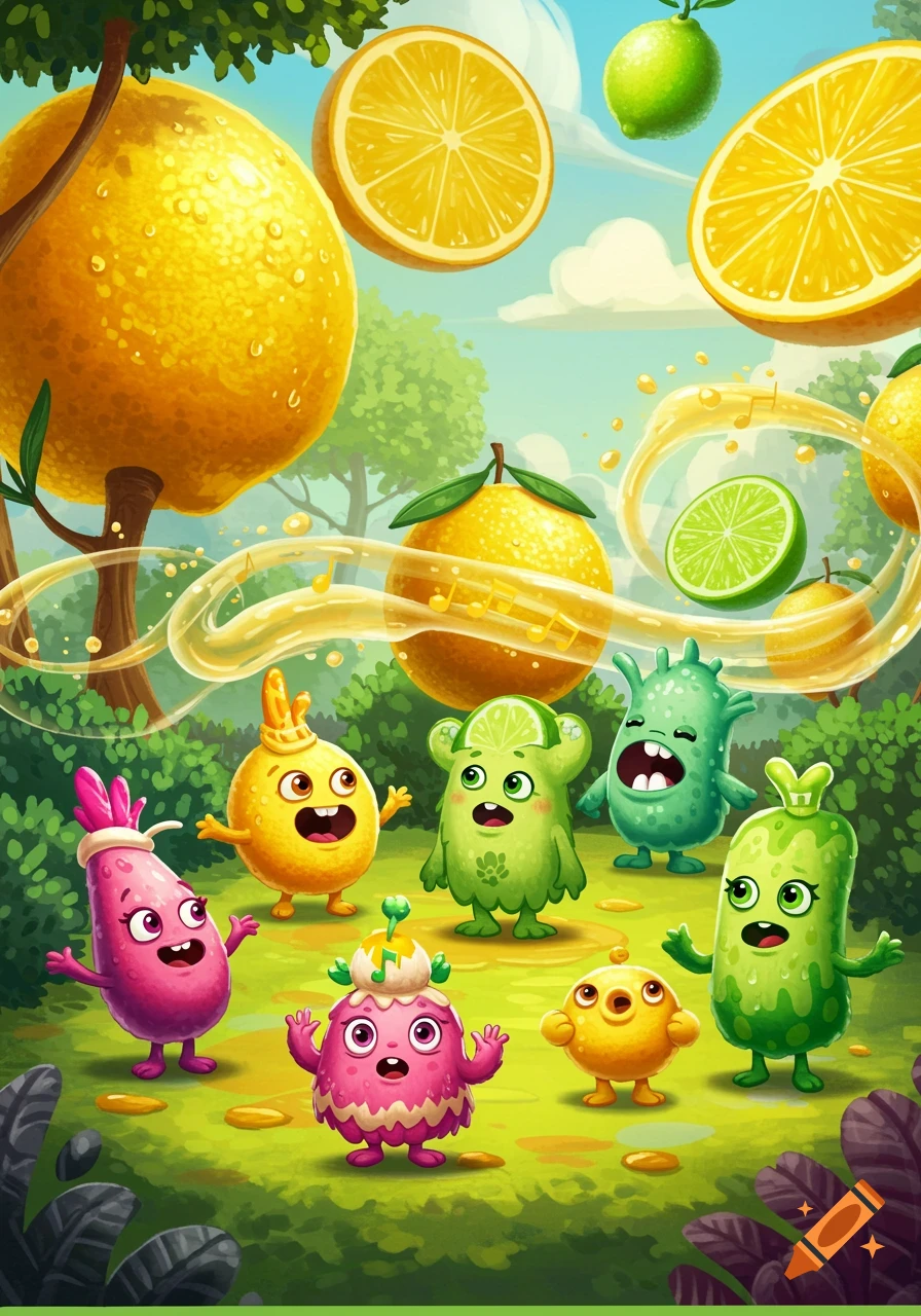 Colorful, cartoon fruit monsters in a vibrant green landscape with giant floating lemons and limes, and a juice stream with musical notes.