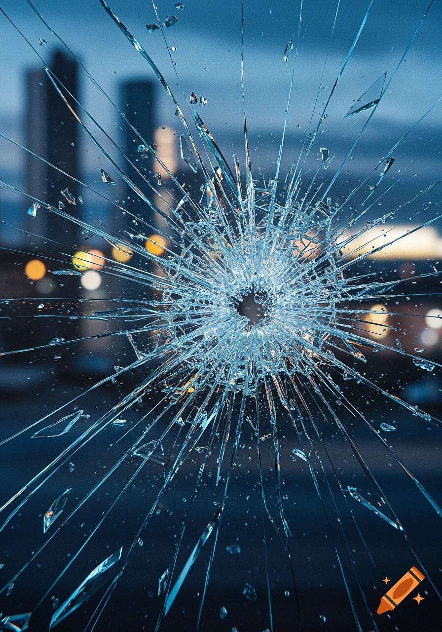 Close-up photorealistic image of shattered glass with a central impact point, radiating cracks, and a blurred urban background.