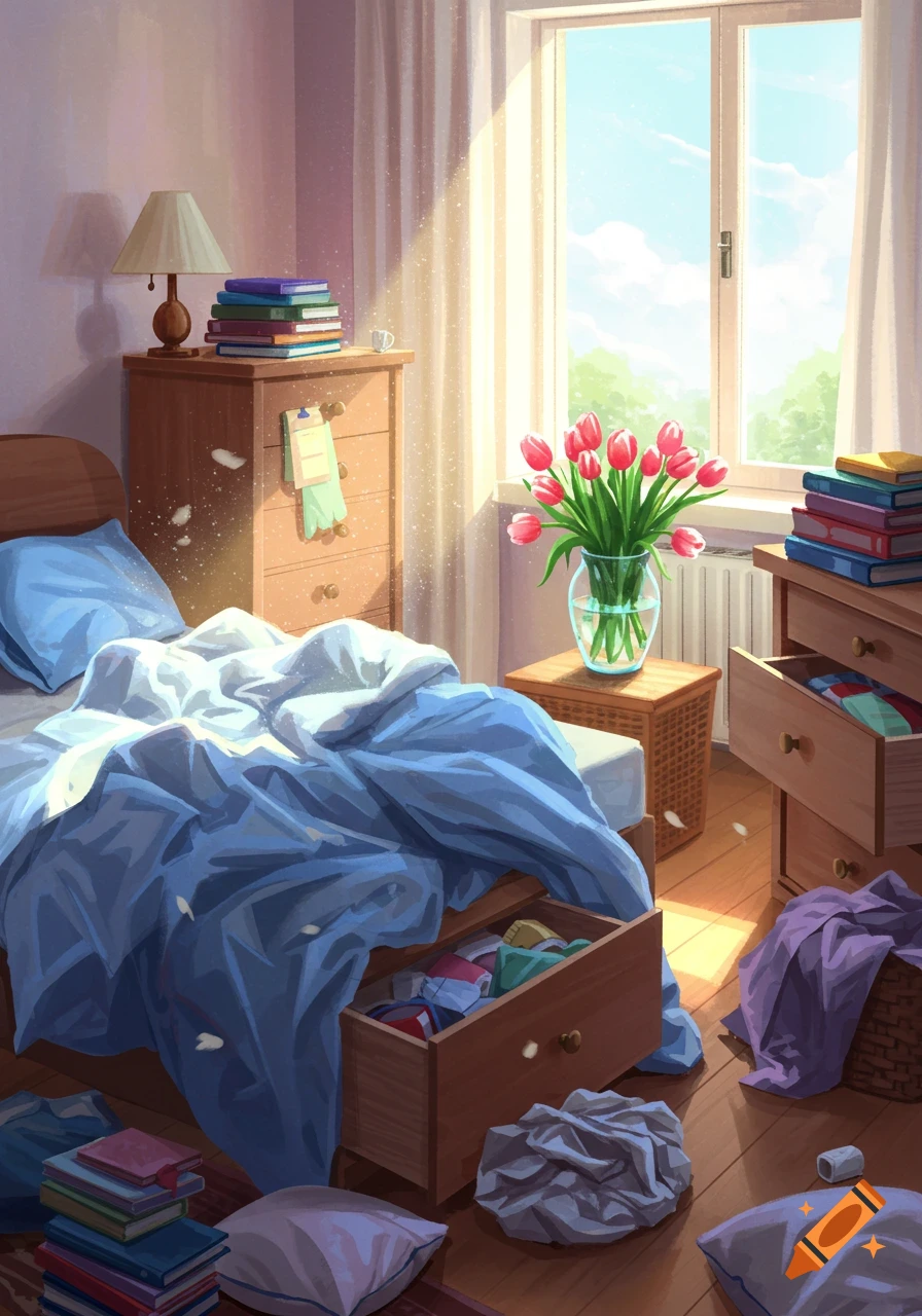 A sunlit, messy bedroom with an unmade bed, open drawers, scattered clothes, and a vase of pink tulips by a window in a digital art style.