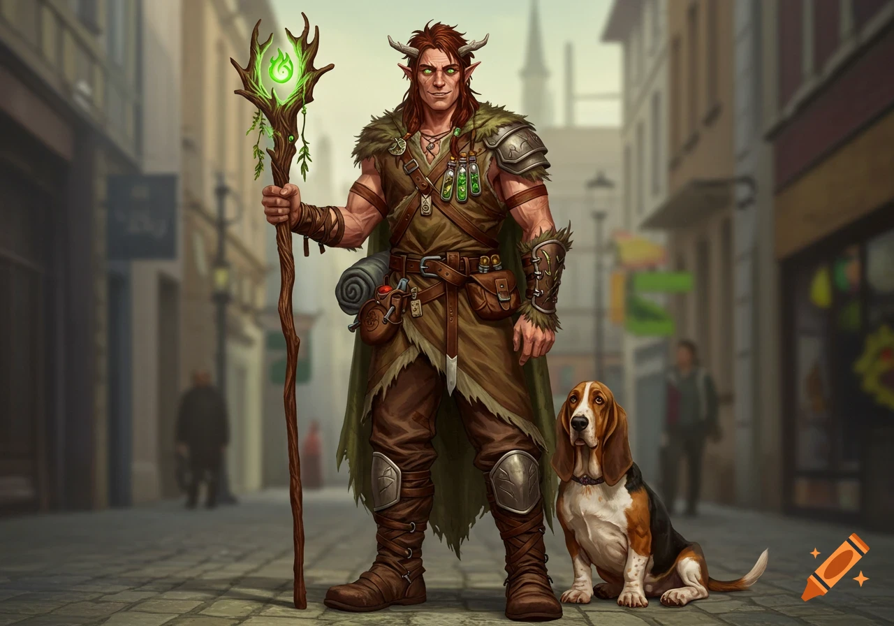 A male fantasy druid with small horns and a walking stick stands beside a basset hound in a city street, in a detailed art style.