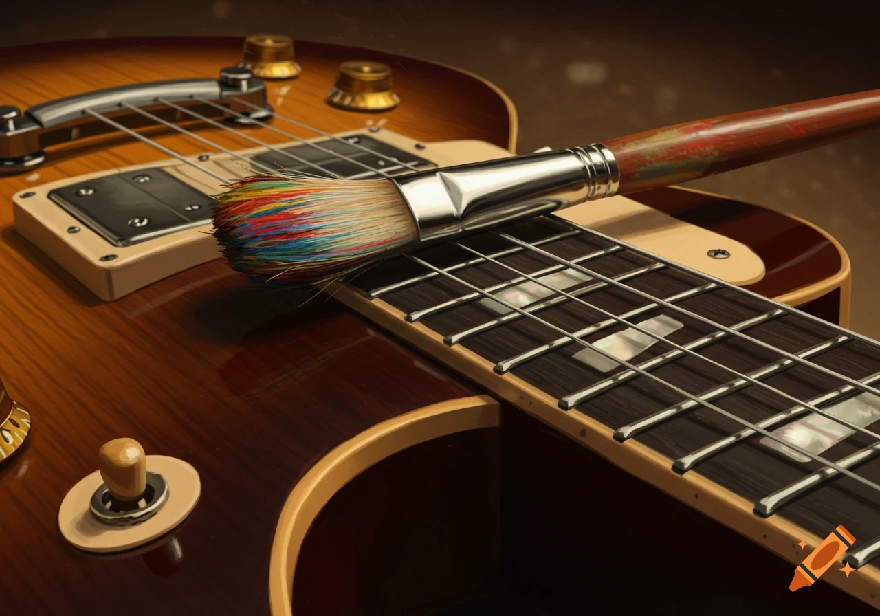A photorealistic close-up of a brown electric guitar with a paint brush with colorful bristles resting on its fretboard.