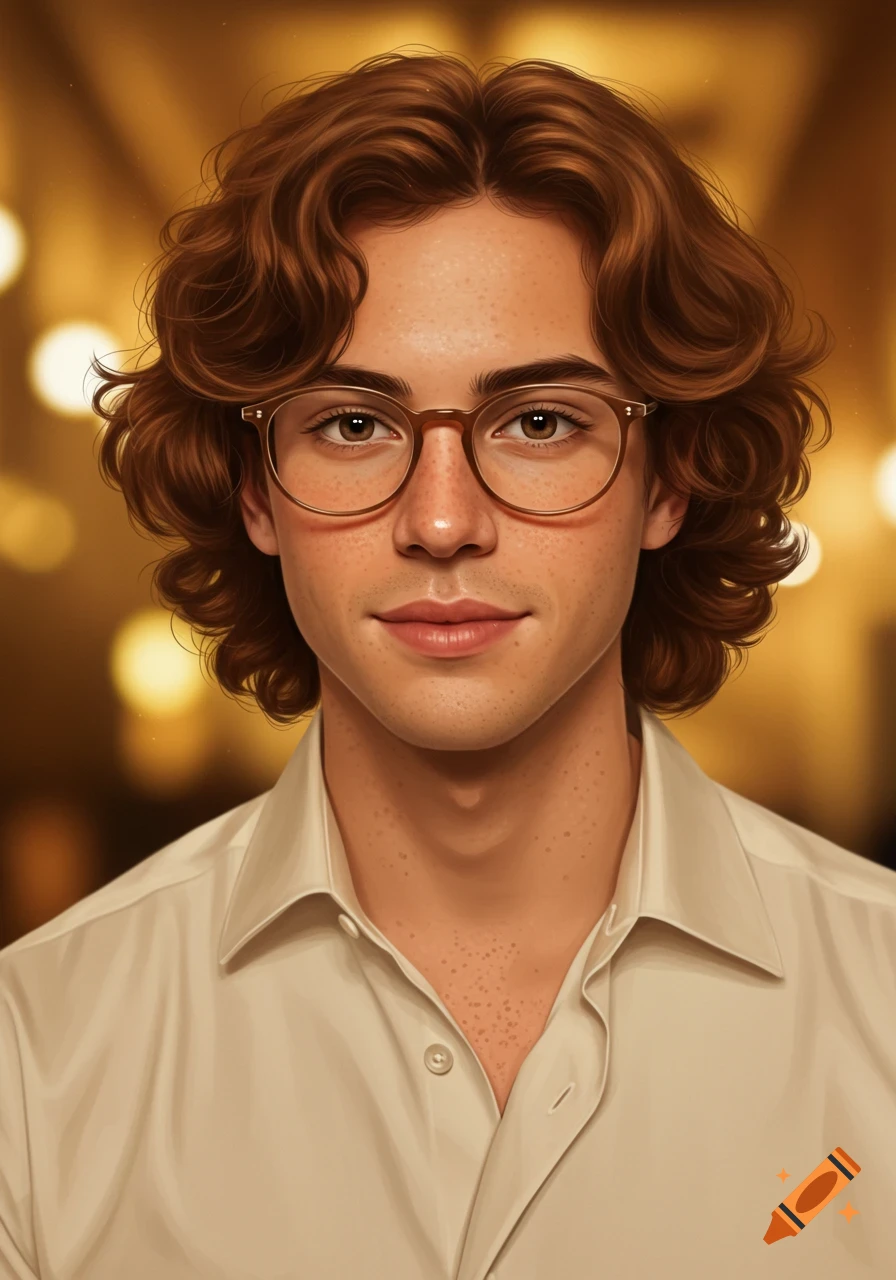 A photorealistic portrait of a young man with wavy brown hair, warm brown eyes, and freckles, wearing glasses and a light beige shirt, against a blurred golden background.