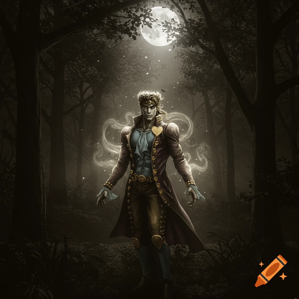 A full-body shot of Dio Brando, a male character with blonde hair, in a long coat, standing in a dark, mystical forest under a bright full moon.
