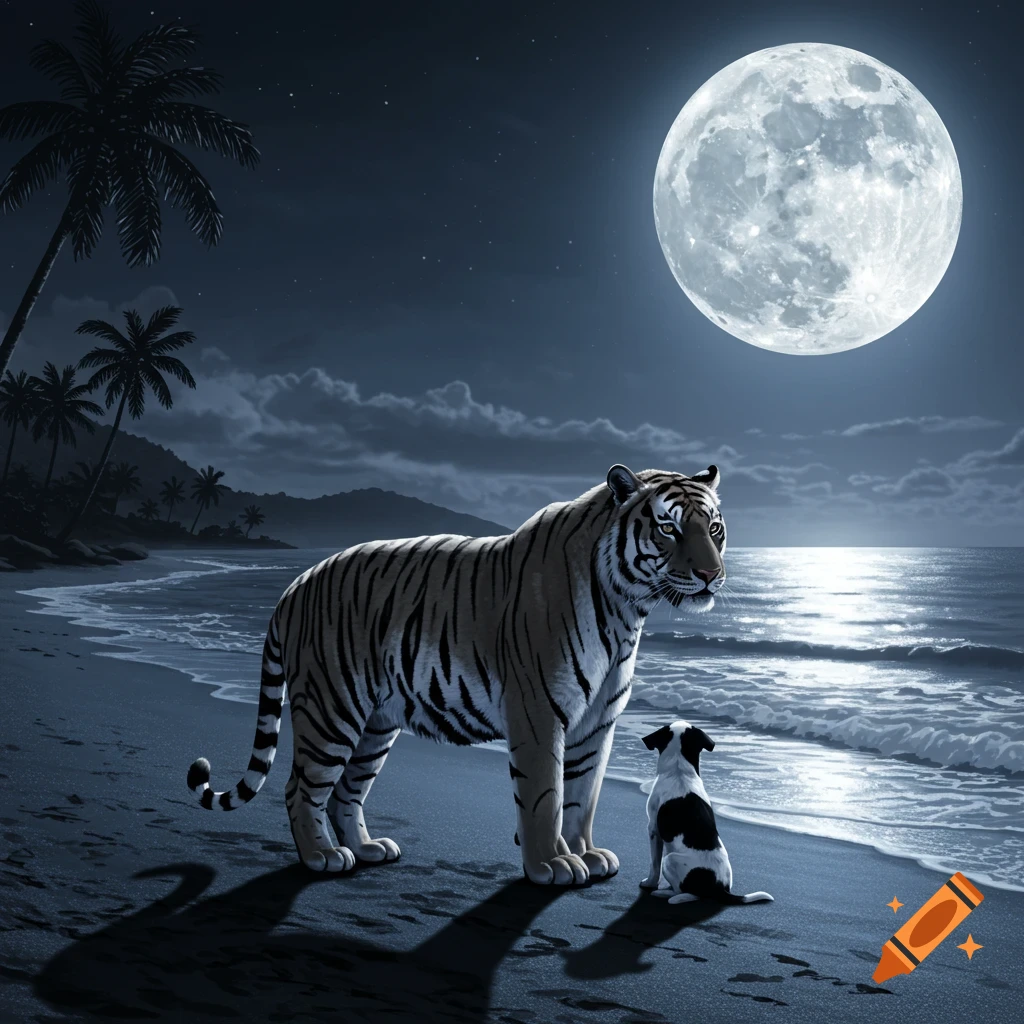 A majestic tiger stands on a moonlit beach beside a small black and white dog, gazing out at the reflective ocean waves.