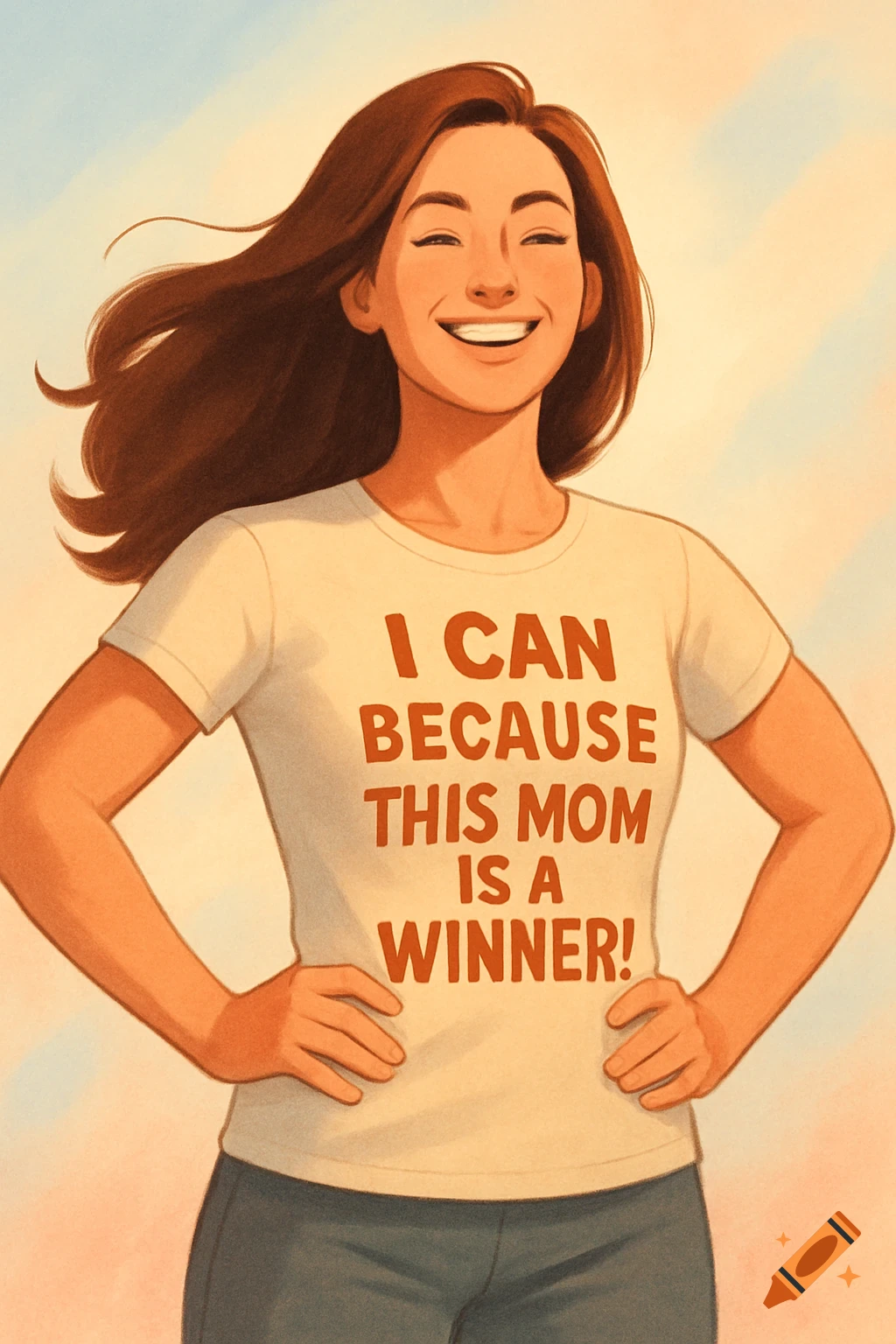 A confident woman with long brown hair, hands on hips, smiles while wearing a t-shirt that says "I CAN BECAUSE THIS MOM IS A WINNER!" in a digital illustration style.