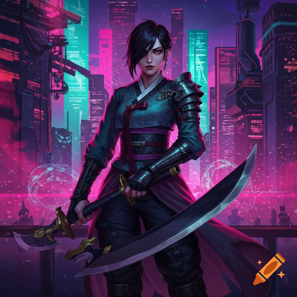 A woman warrior with dark hair and red eyes, wearing a teal top with armor and dark pants, holding two large swords in a neon-lit cyberpunk city at night.