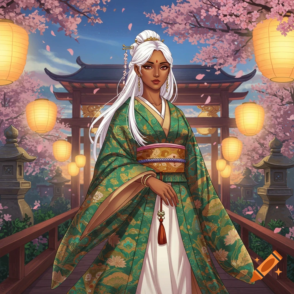 An ethereal woman with white hair in an elaborate green kimono stands on a bridge with lanterns and cherry blossoms, anime style.