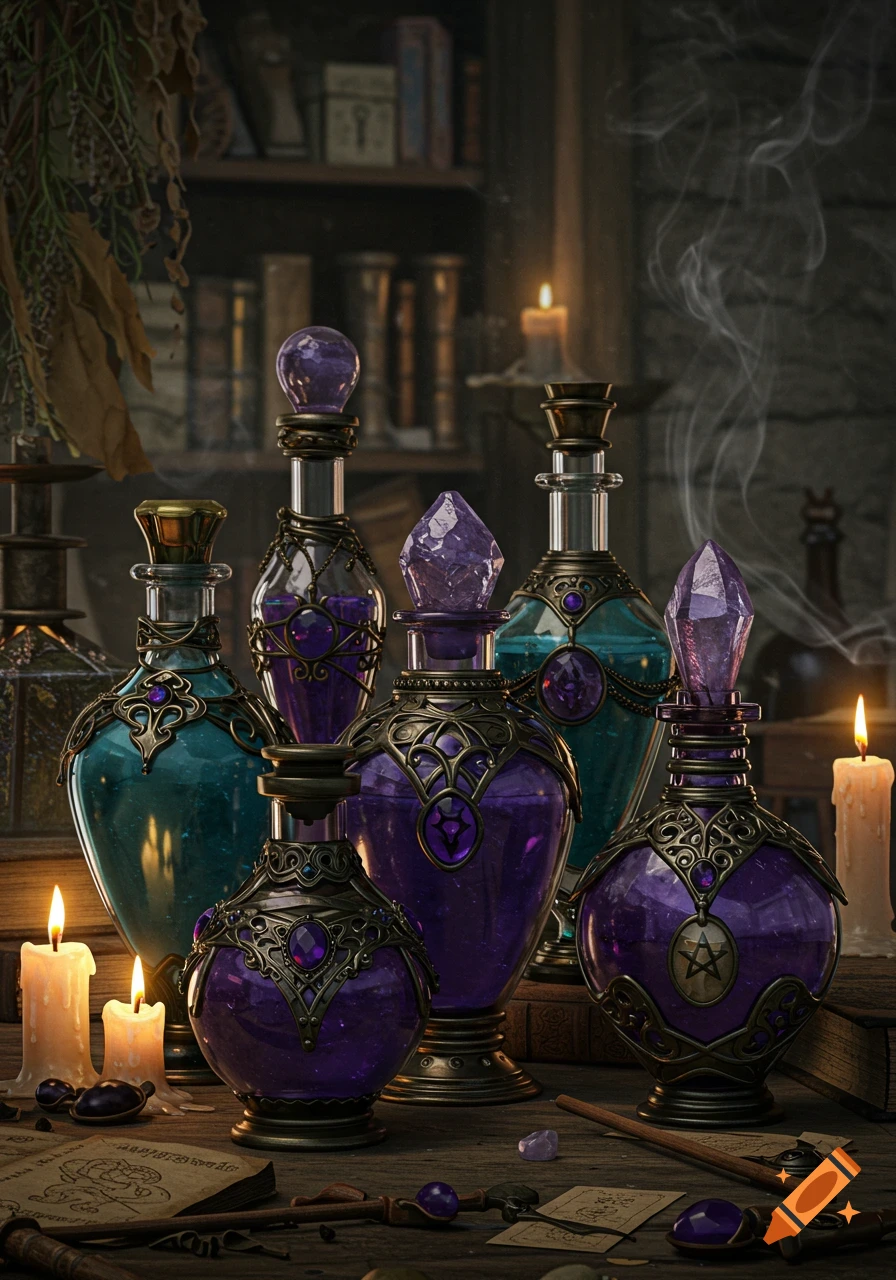 Ornate purple and teal potion bottles with crystal stoppers and metalwork, surrounded by lit candles and scrolls on a wooden table.
