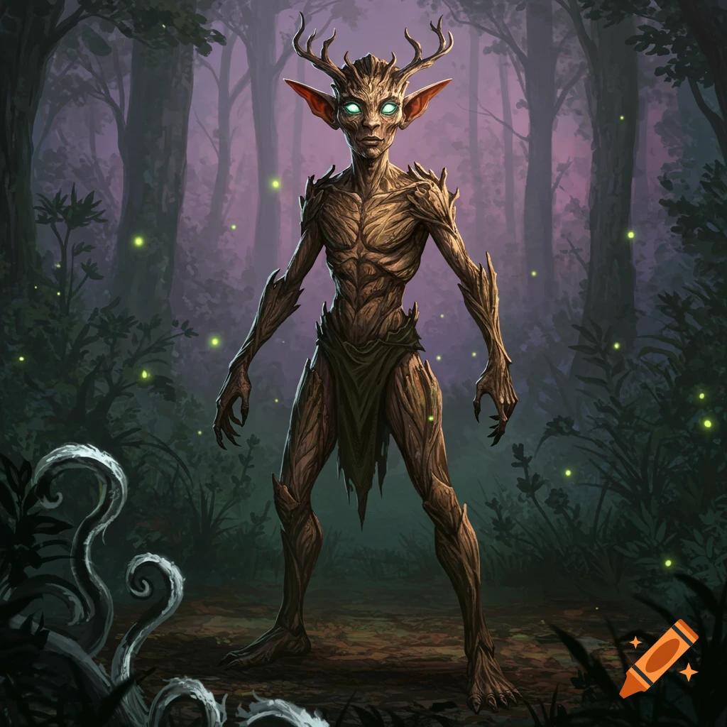 A tree-like fantasy creature with antlers and glowing green eyes stands in a dark forest with fireflies.