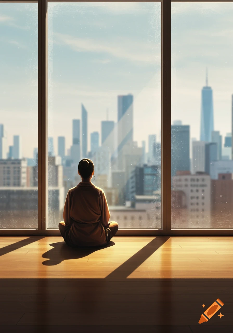 A person in a meditative pose sits on a wooden floor, looking out a large window at a sunlit city skyline, photorealistic style.
