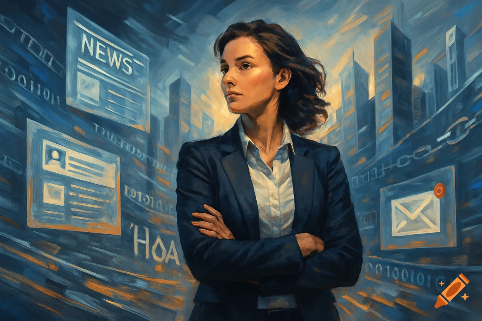 A woman in a suit stands with crossed arms in a digital, city background with news and tech icons, painted in an oil style.