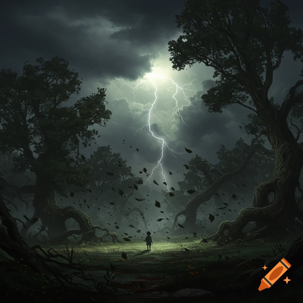 A small child stands alone in a dark, stormy forest as a powerful lightning bolt strikes from a thundery sky, with leaves blowing.