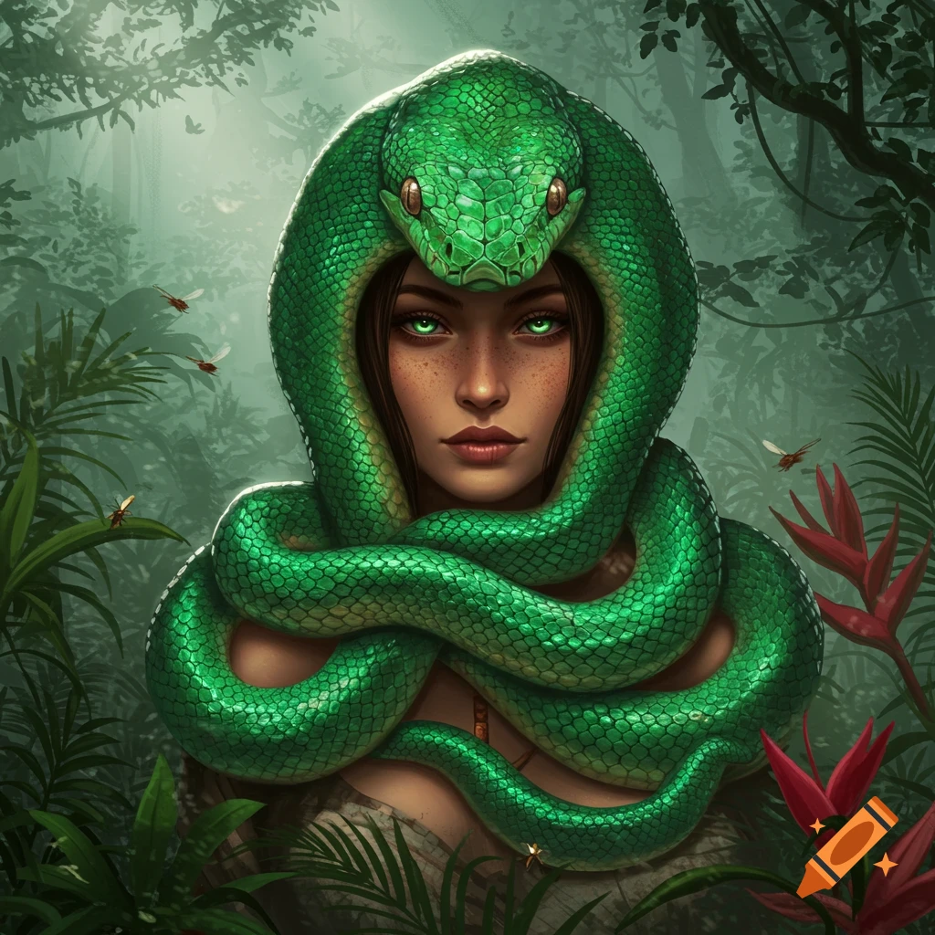 A woman with glowing green eyes and freckles, wearing a large green snake as a hood, stands in a lush jungle.
