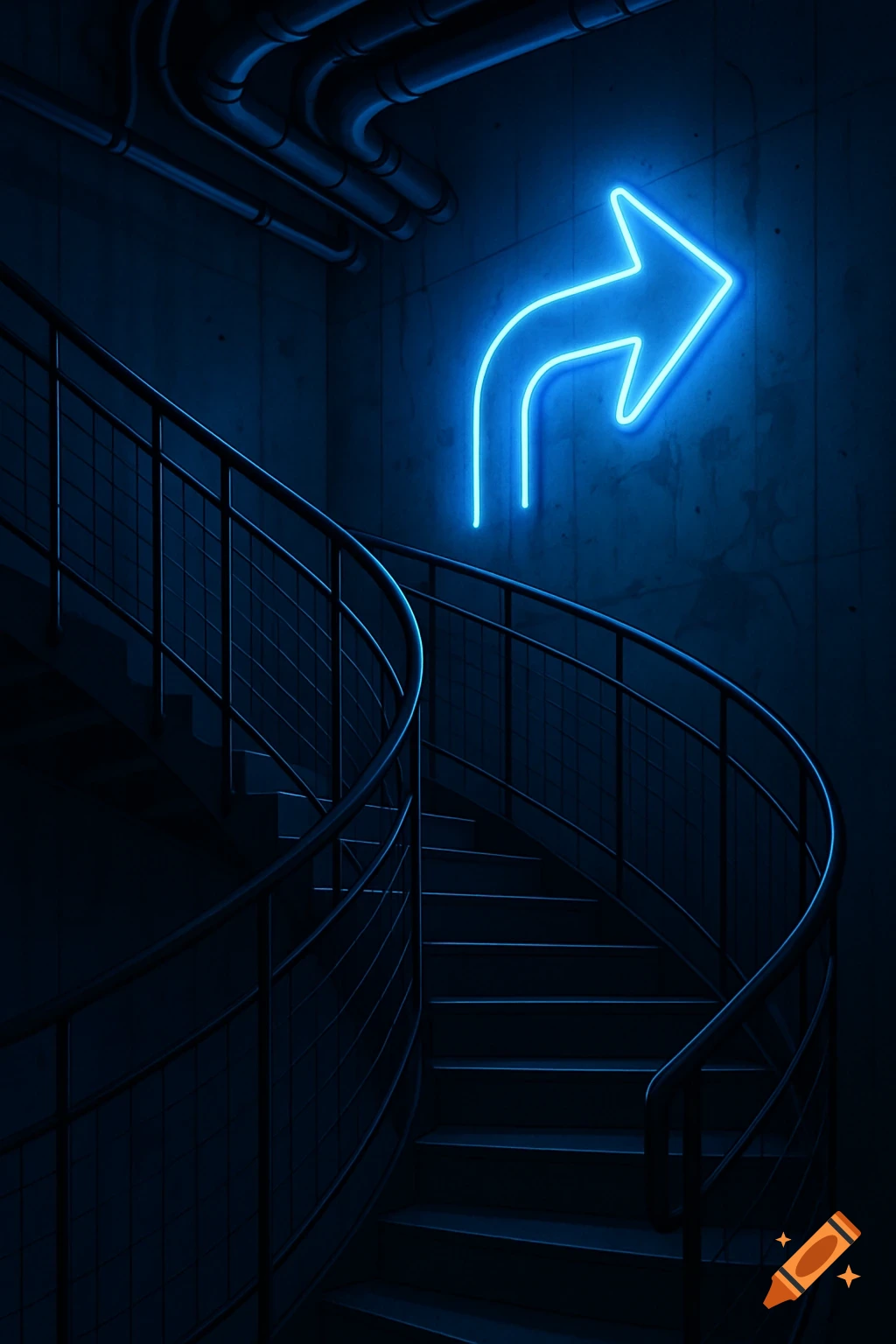 A dark spiral staircase with a bright blue neon arrow sign on a concrete wall above it.