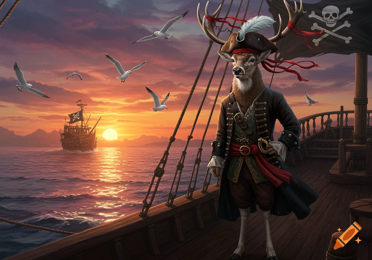 A deer dressed as a pirate stands on a ship at sunset, with a distant pirate ship and seagulls flying.