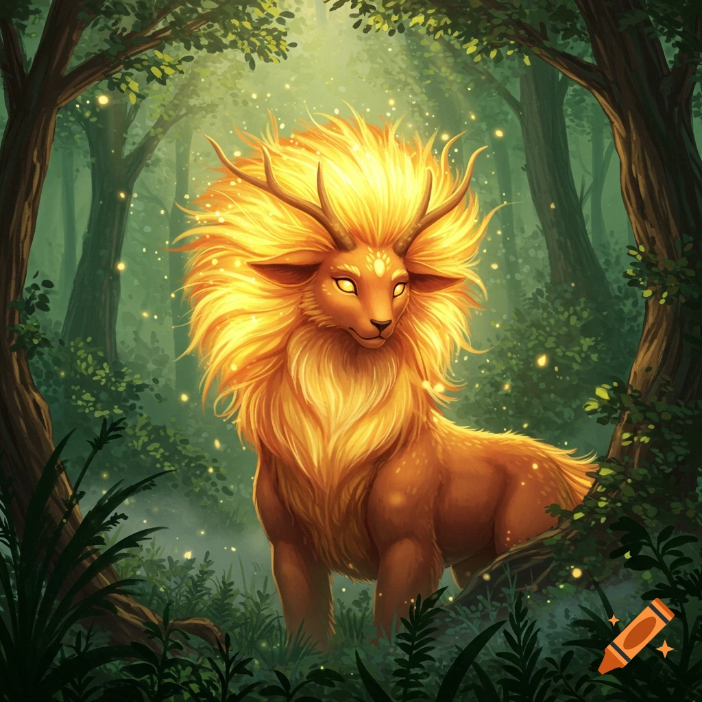 A radiant golden fantasy creature with a flowing mane and antlers stands in an enchanted forest with glowing particles.