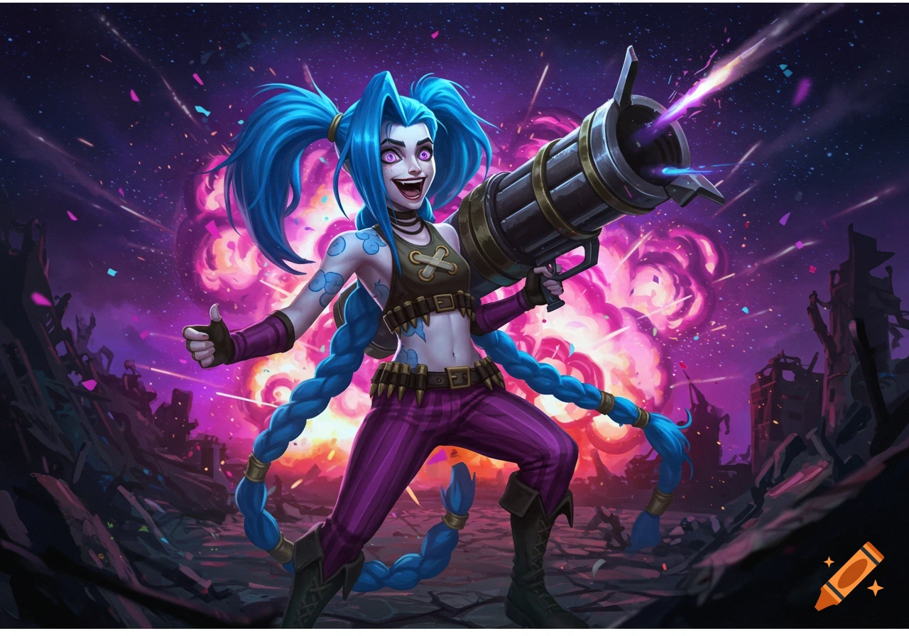 Stylized illustration of Jinx, a blue-haired female character, smiling with a large weapon and a thumbs-up against an explosion.