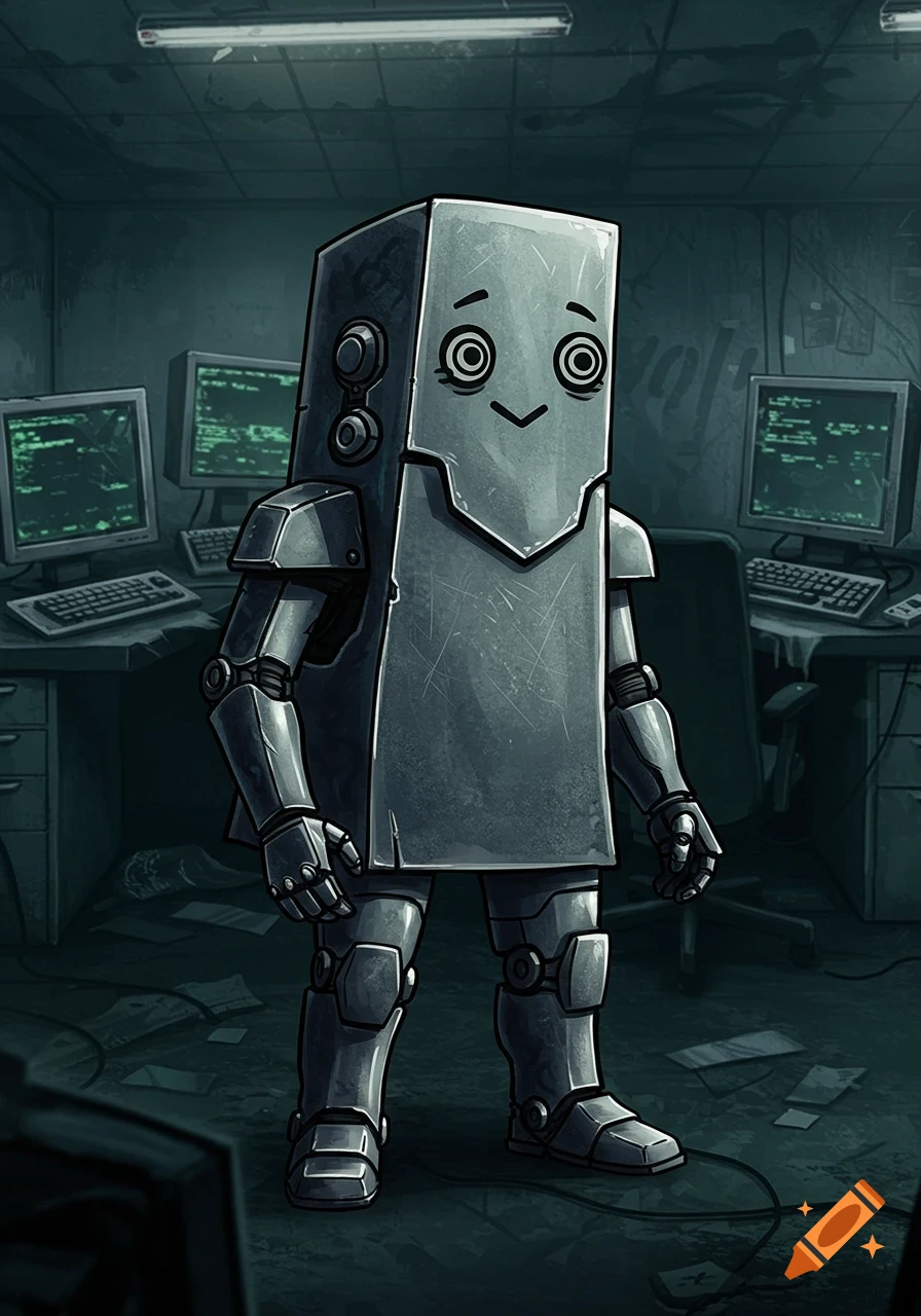 A cartoonish grey metal robot with a box-shaped body and mechanical limbs stands in a cluttered, dimly lit computer server room with green screens.