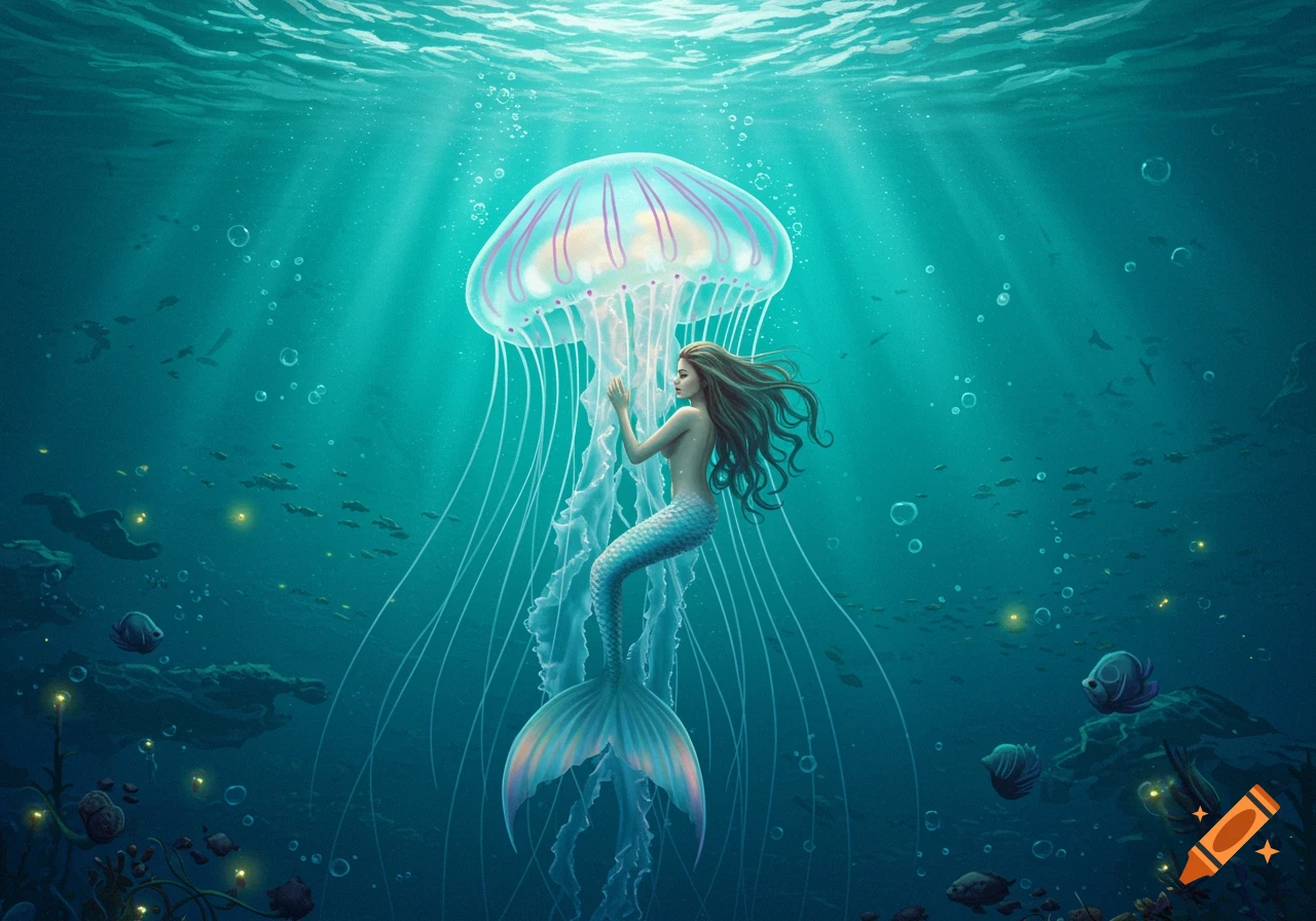 An illustrative scene of a mermaid embracing a giant glowing jellyfish deep underwater with light rays, fish, and coral.