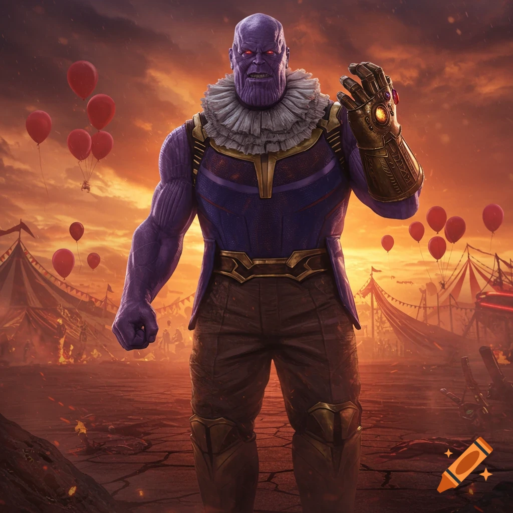 Thanos in a clown's ruffled collar and dark clothes stands in a desolate carnival at sunset, holding the Infinity Gauntlet.