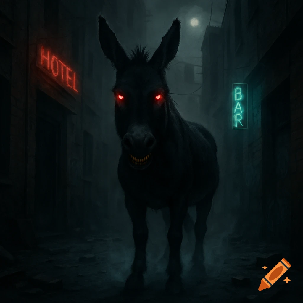 A black evil donkey with glowing red eyes and sharp teeth stands in a dark, misty alleyway under neon signs for a hotel and bar.