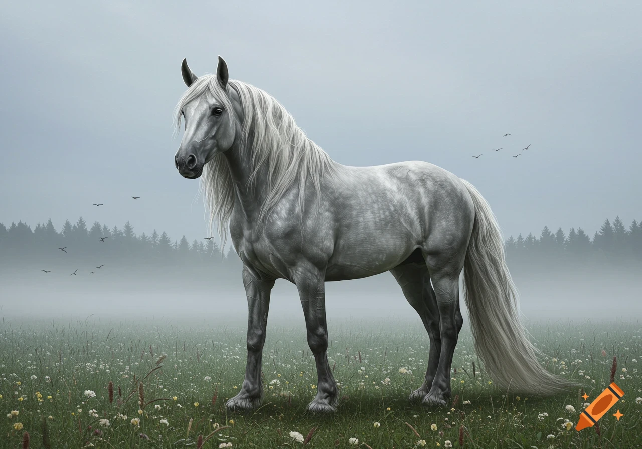 A majestic grey horse with a flowing white mane and tail stands in a misty, grassy field with trees and birds in the background.