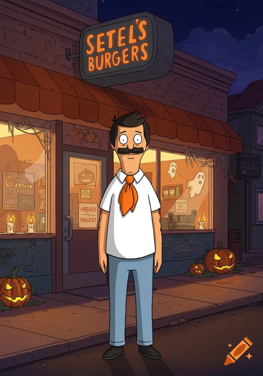 Cartoon character Bob Belcher dressed as Fred from Scooby-Doo stands outside a burger restaurant decorated for Halloween.