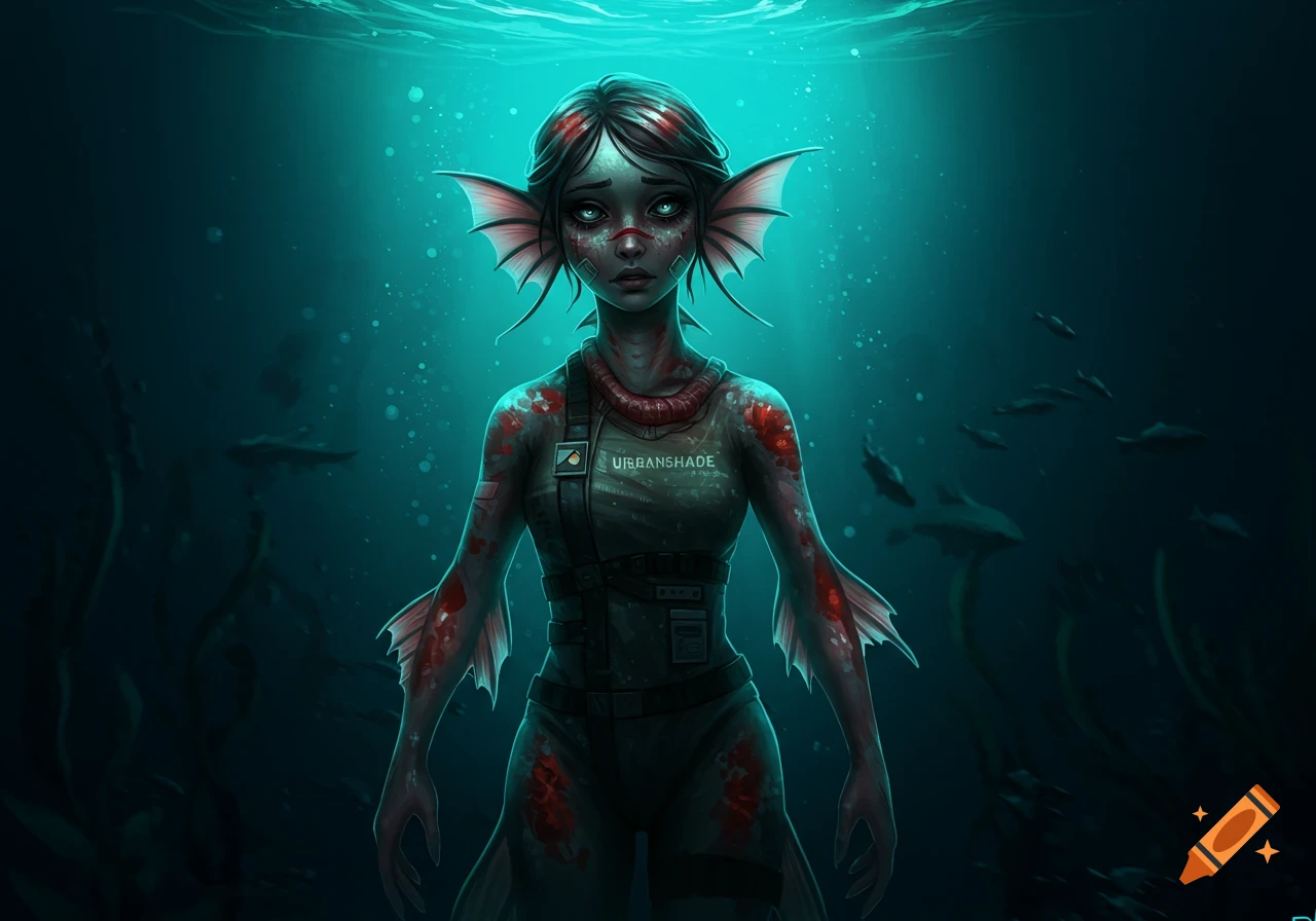 Eerie humanoid aquatic creature with glowing scales and fins in a torn jumpsuit, standing in a dark bioluminescent underwater environment.