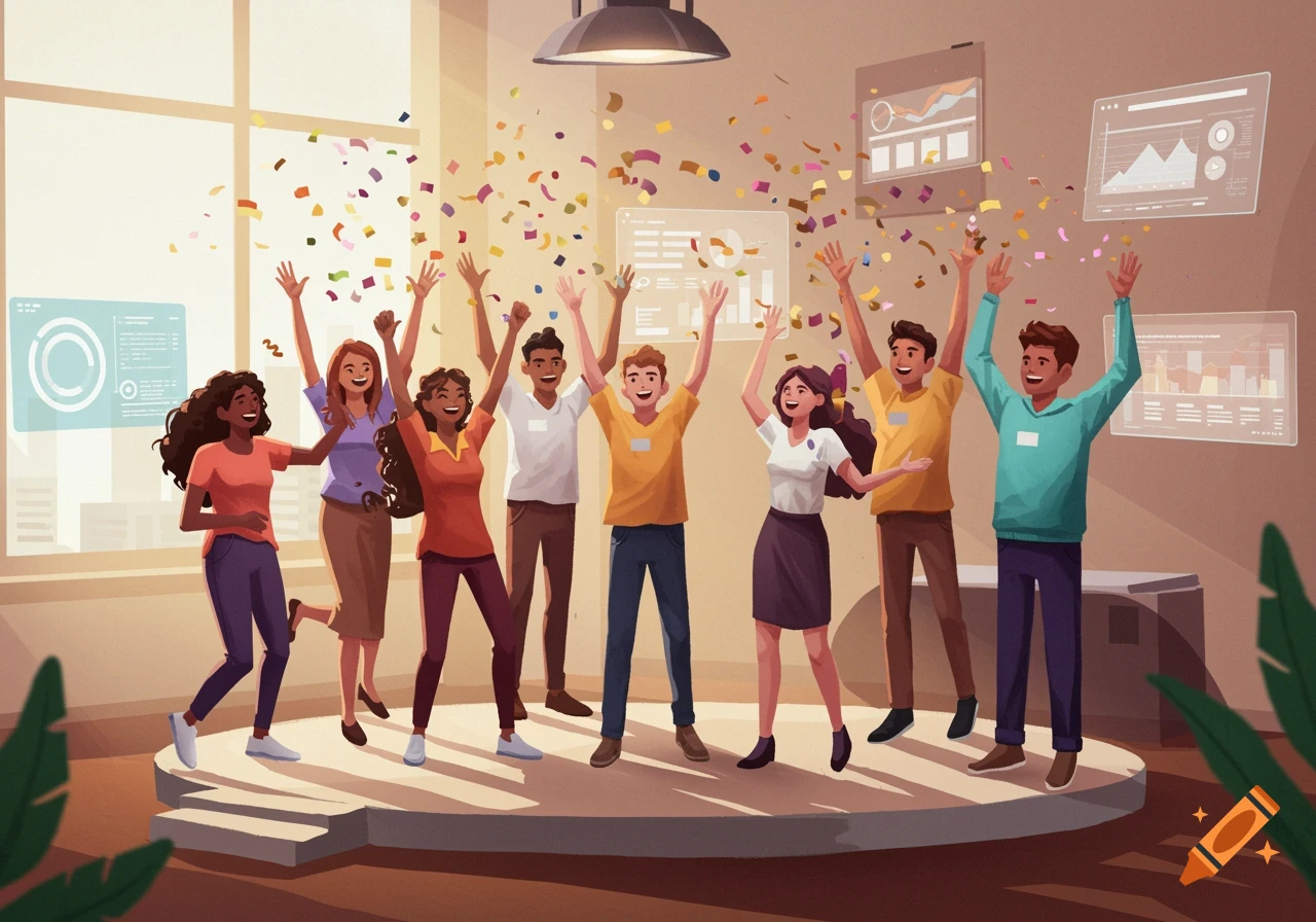 Illustrated diverse group of people cheering and celebrating in a modern office with confetti.