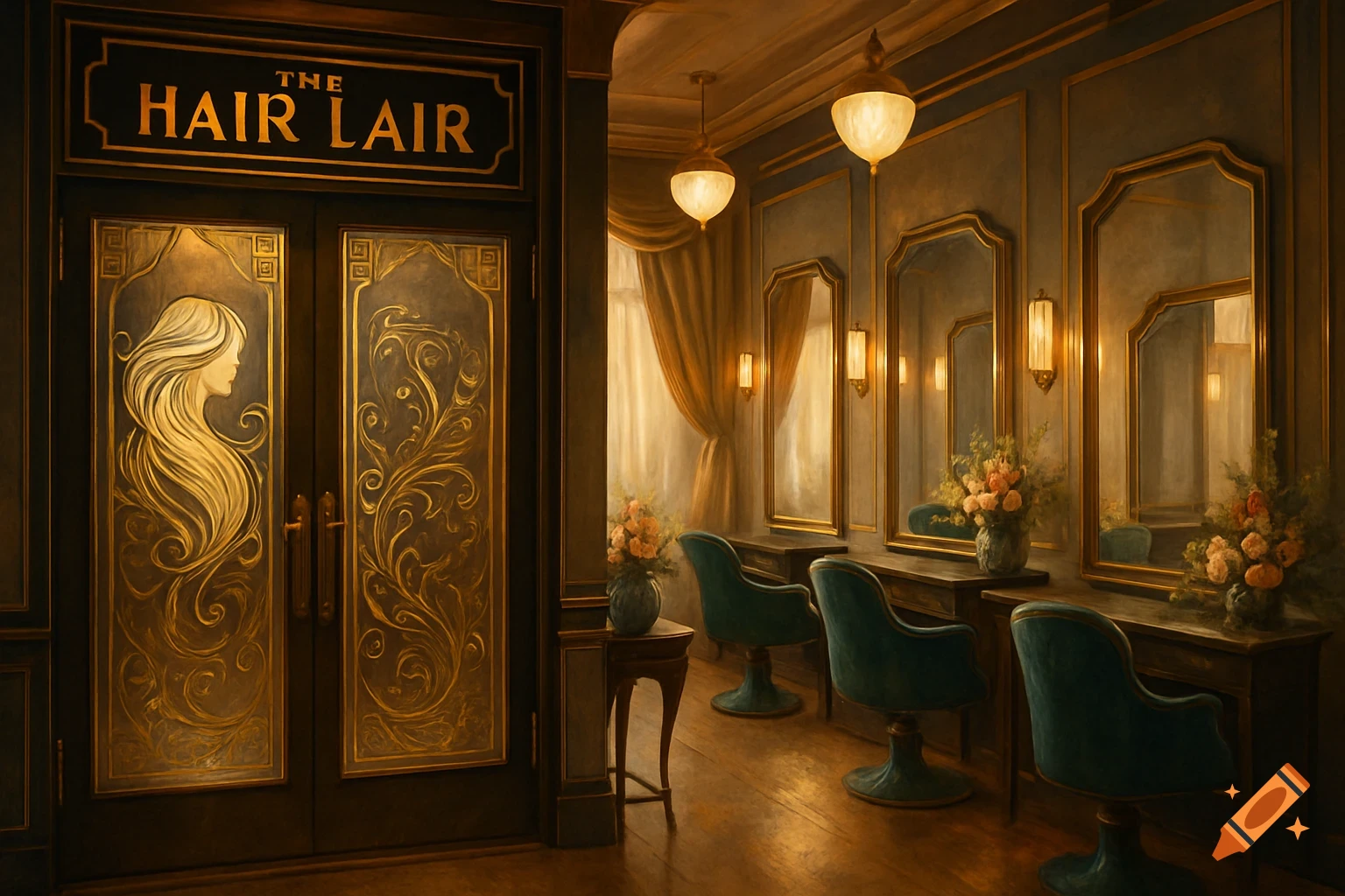 Luxurious, dark, and gold-toned hair salon interior with a prominent sign reading 'THE HAIR LAIR' above the entrance, leading into a room with teal chairs and elegant mirrors.