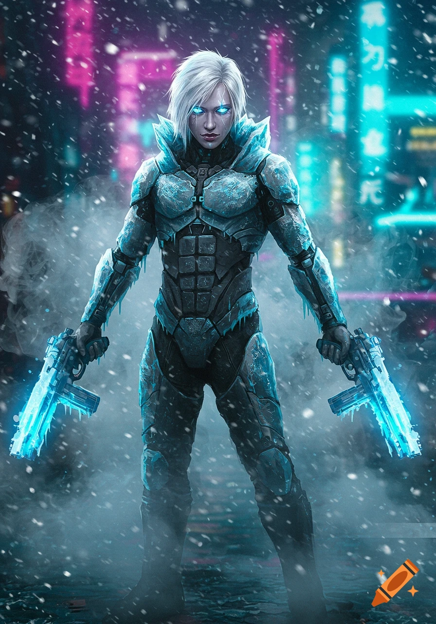 A female cyberpunk fighter with white hair and glowing blue eyes stands in snow, holding two glowing blue guns in a neon city.
