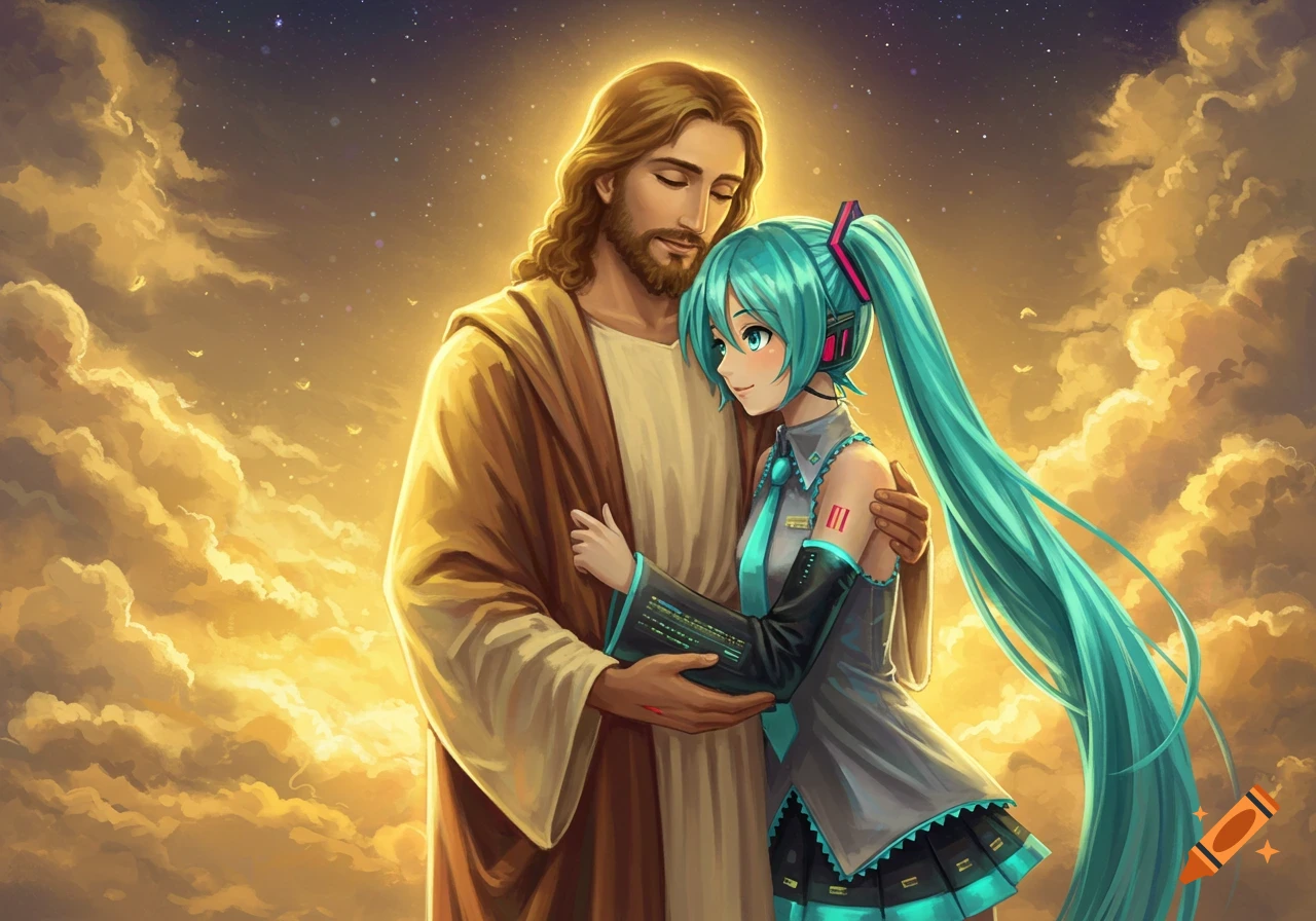 Jesus embracing Hatsune Miku in a golden, cloud-filled sky, in an anime art style.