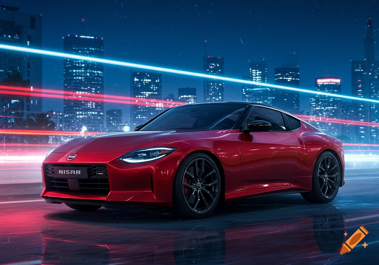 A red sports car on a wet road at night, with neon light trails and a city skyline in the background.