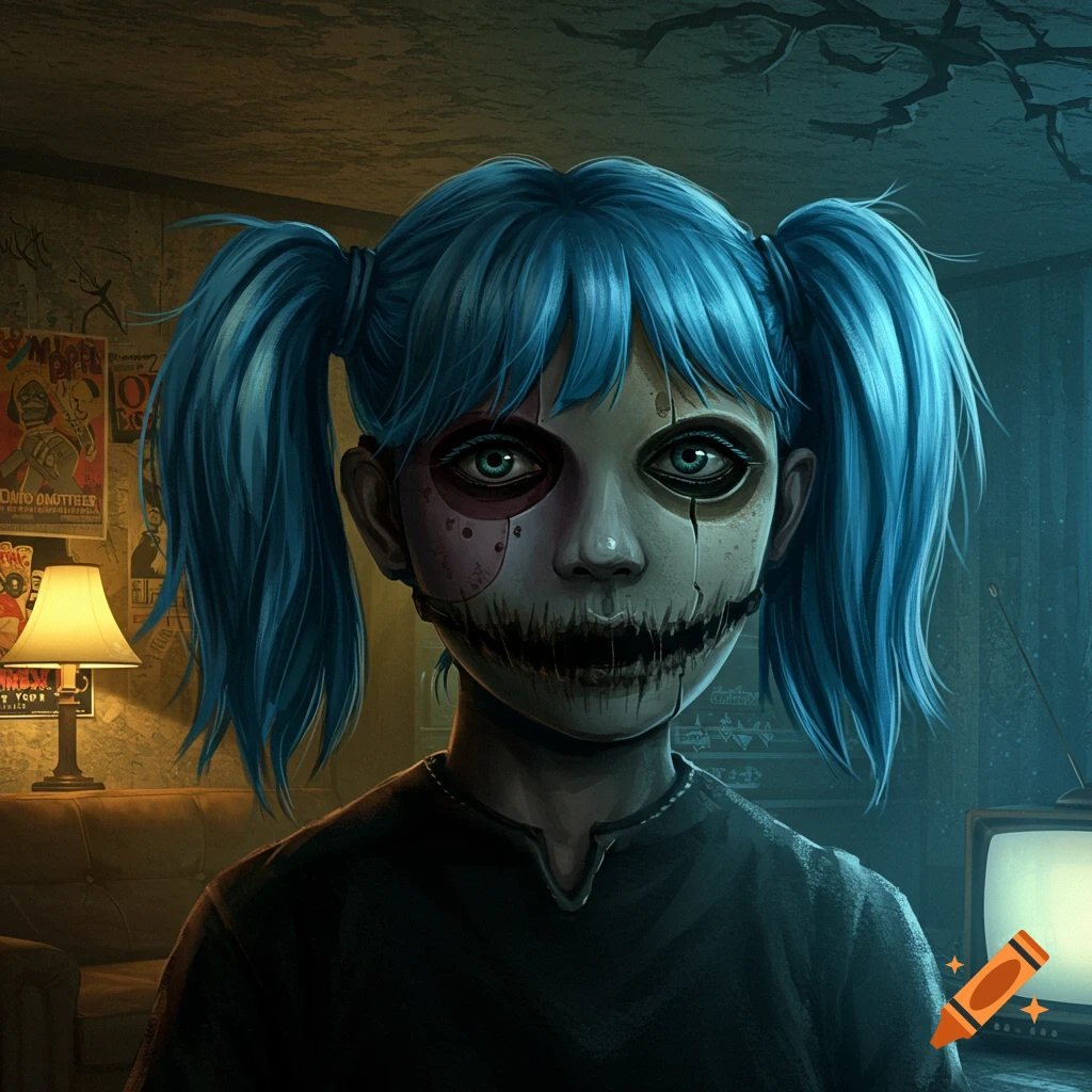 A portrait of a young person with blue pigtails and a prosthetic face mask featuring stitches for a mouth and around one eye, in a dimly lit room with posters.