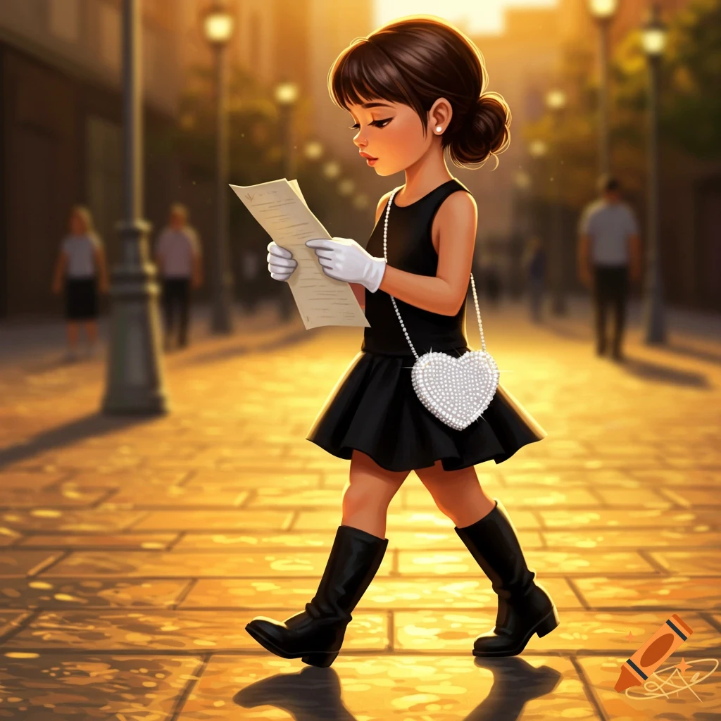 A stylized young girl with brunette hair in a bun, wearing a black dress, white gloves, and boots, walks on a sunny city street while reading a paper.