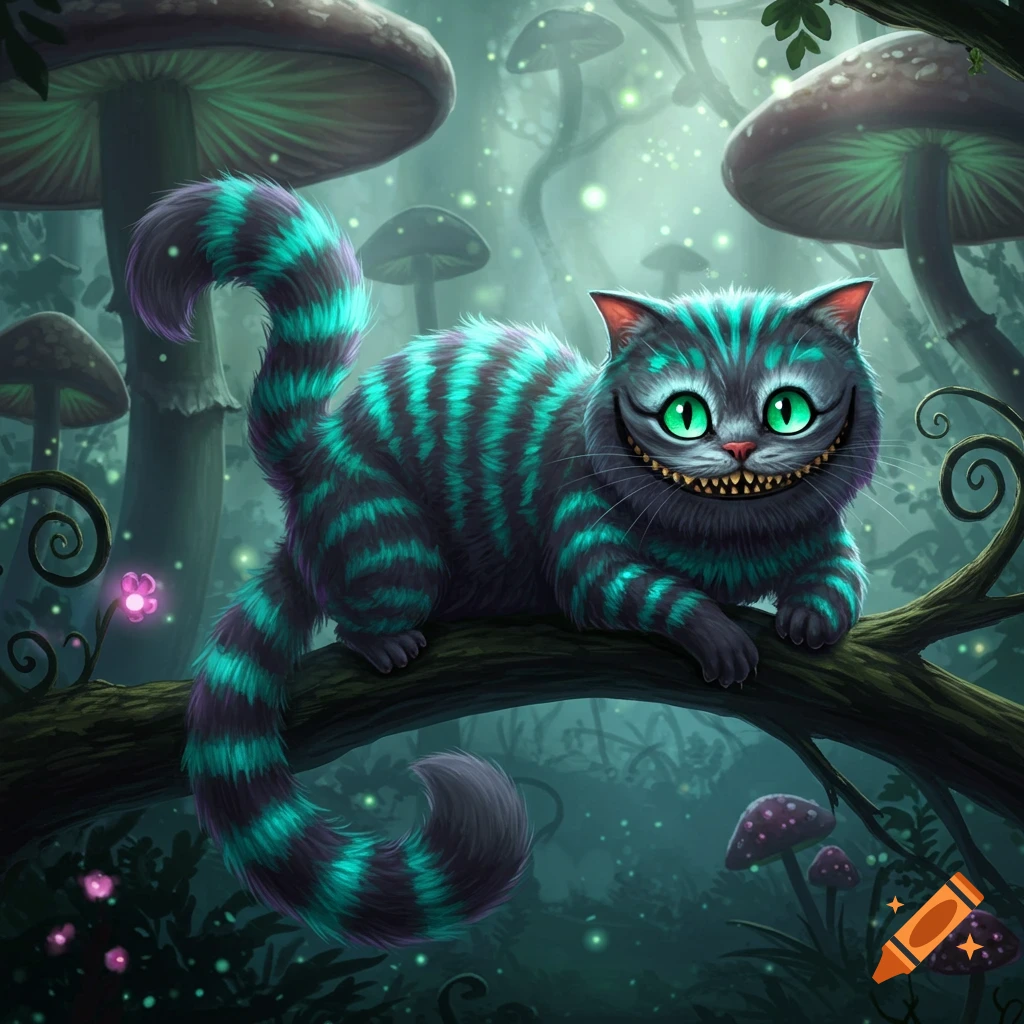 A vibrant, striped Cheshire cat with glowing green eyes and a wide grin lies on a tree branch in a mystical forest with luminous mushrooms.
