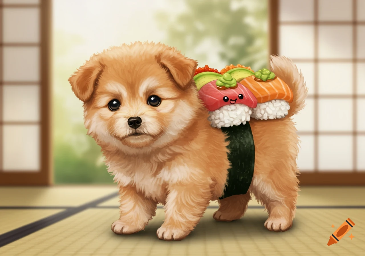 A cute fluffy brown puppy stands indoors, wearing several pieces of colorful sushi on its back like a saddle.