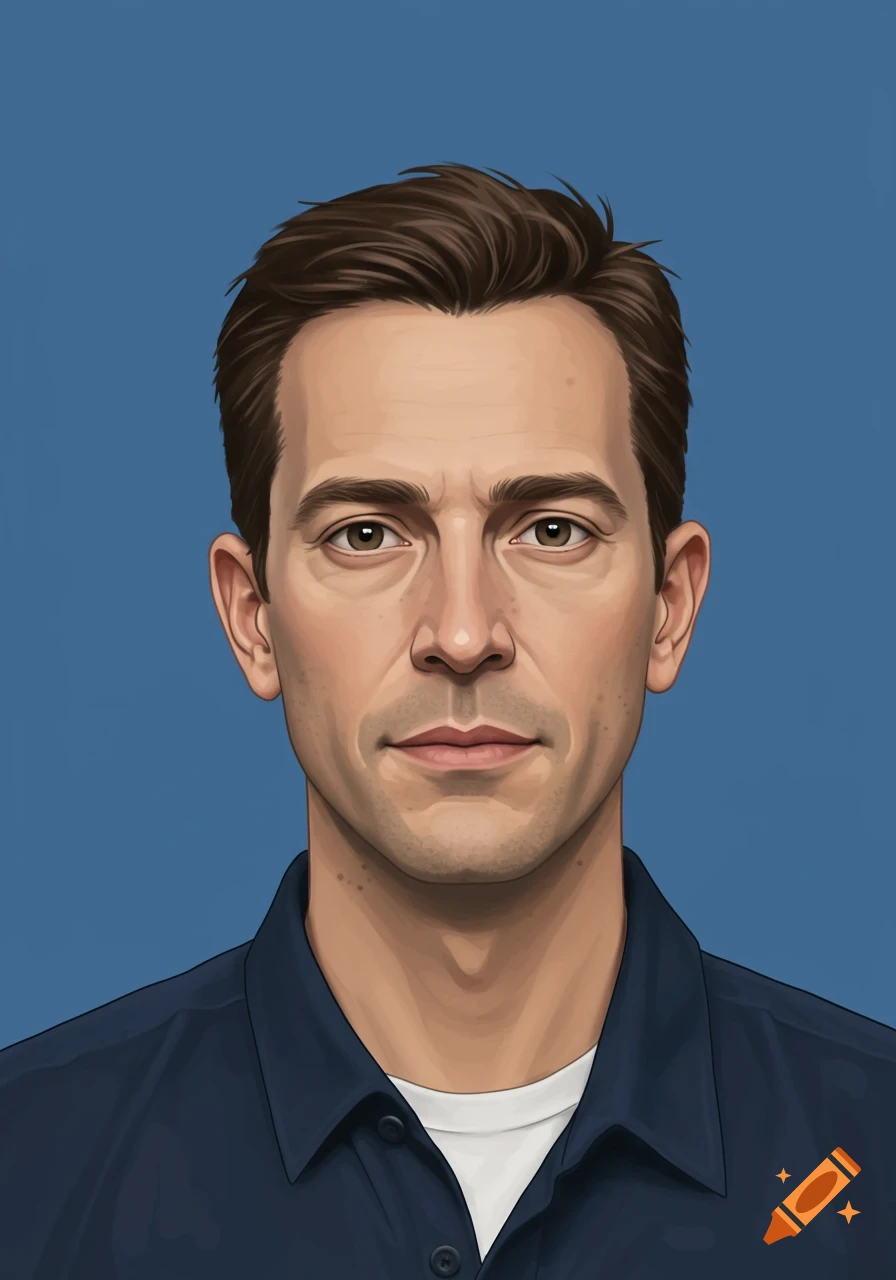 A stylized portrait of a man with brown hair and brown eyes, wearing a dark blue shirt over a white t-shirt, against a solid blue background.
