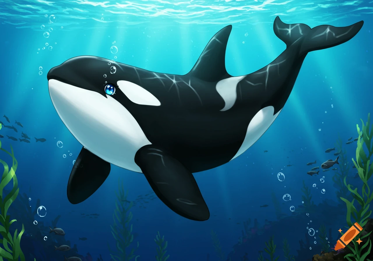 An anime-styled orca with blue eyes swims in a vibrant blue ocean with sunlight filtering through the water, surrounded by small fish and seaweed.