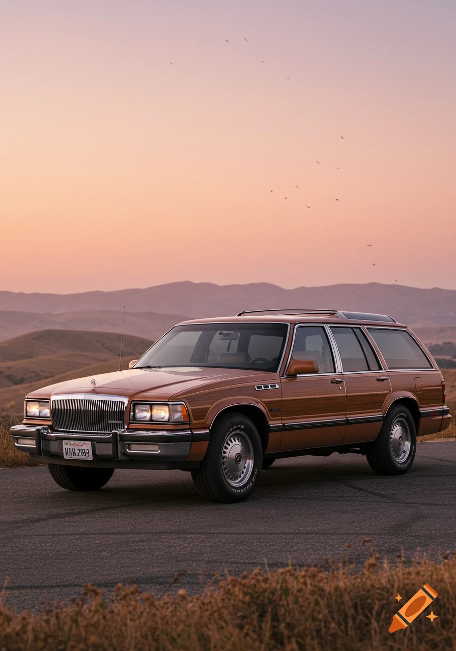 A brown classic Buick station wagon parked on a rural road at sunset with rolling hills in the background.