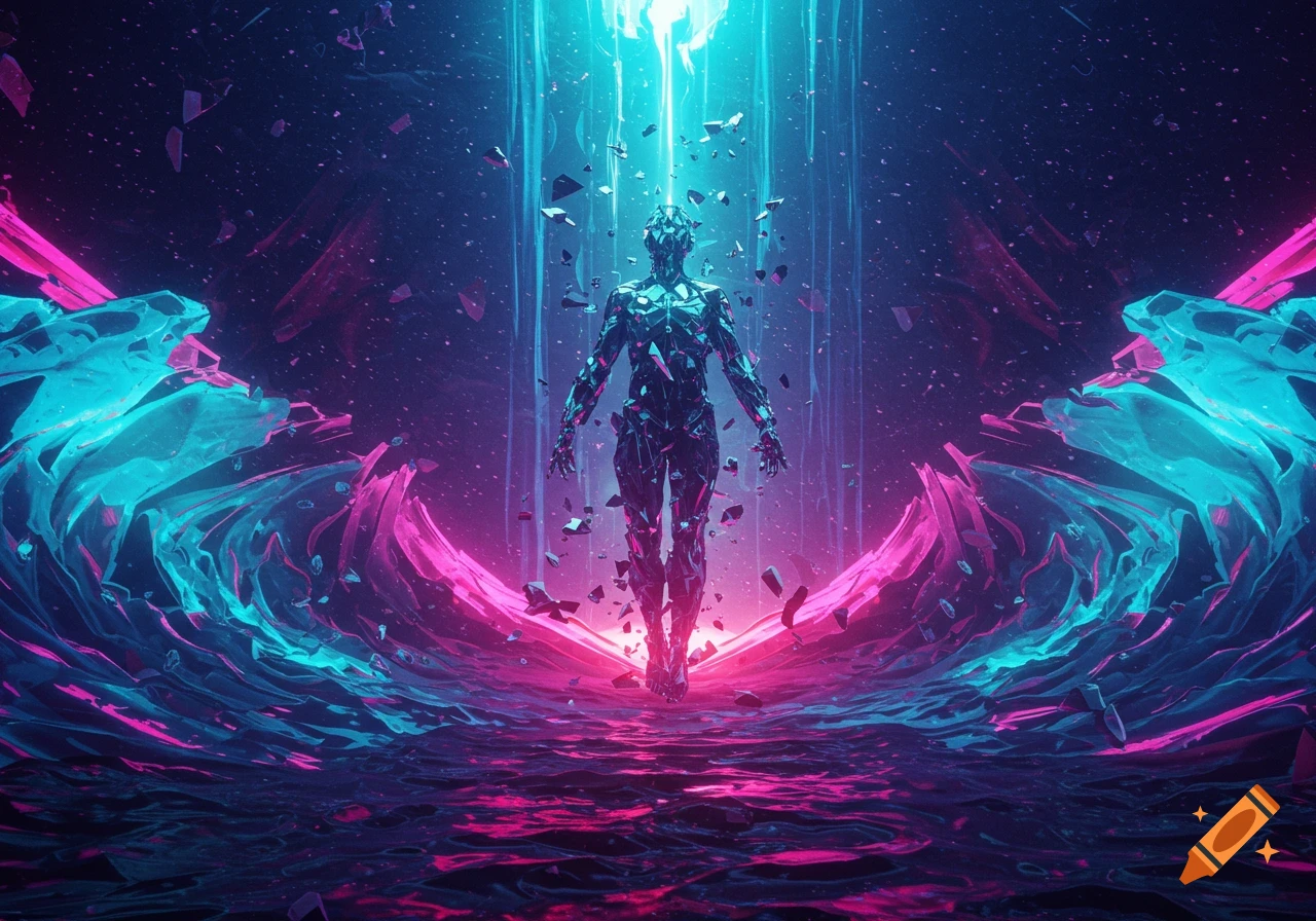 A fragmented metallic humanoid figure floats amidst neon pink and blue light, shattered geometric forms, and a reflective surface in a dark, futuristic scene.