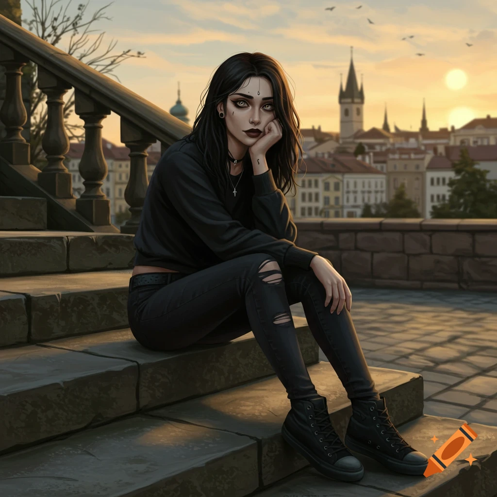 A pale-skinned young woman with dark hair and striking makeup sits on stone steps, overlooking a city skyline at sunset in a digital art style.