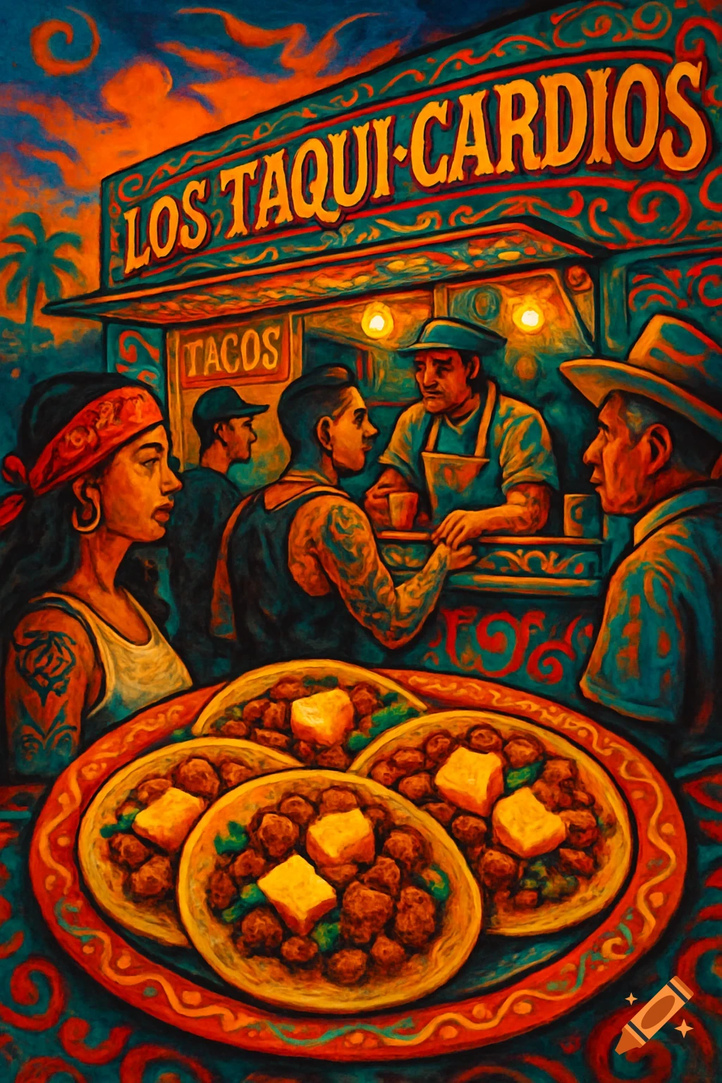A vibrant Chicano street art painting of a taco truck named 'Los Taqui-Cardios' serving people, with a plate of tacos in the foreground.