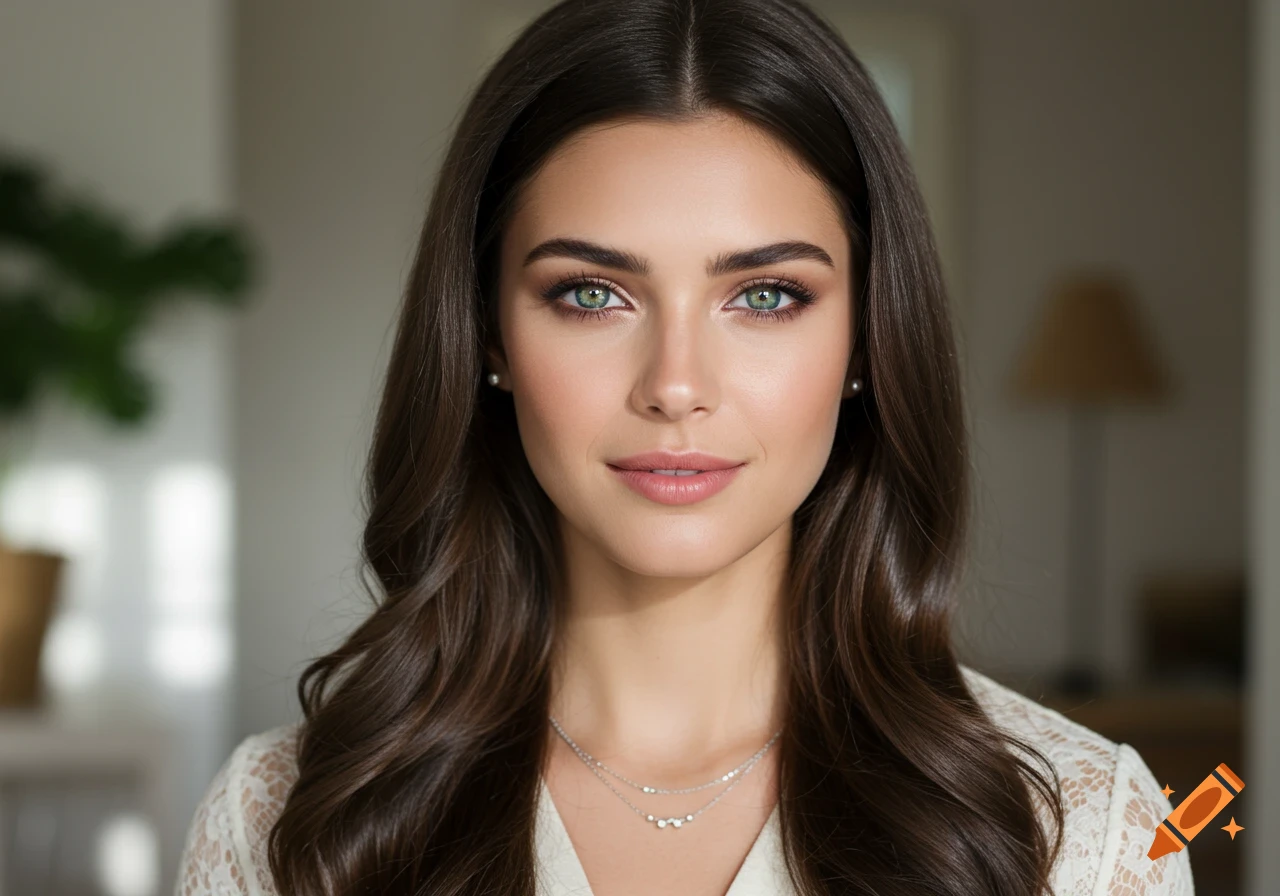 Close-up photorealistic portrait of a woman with dark hair and striking green eyes, wearing a white lace top and a delicate silver necklace.