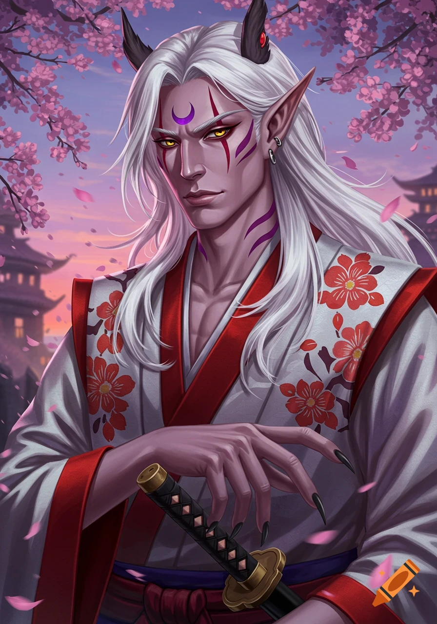 A male fantasy character with silver hair, horns, and purple markings, wearing a white and red kimono, holding a sword amidst cherry blossoms and Japanese architecture.