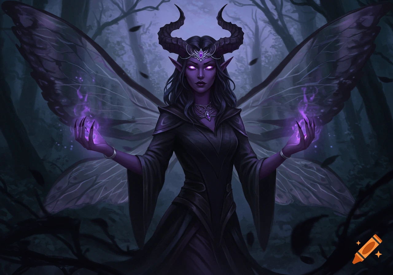 A purple-skinned, horned, winged sorceress with glowing eyes casts purple magic in a dark forest.