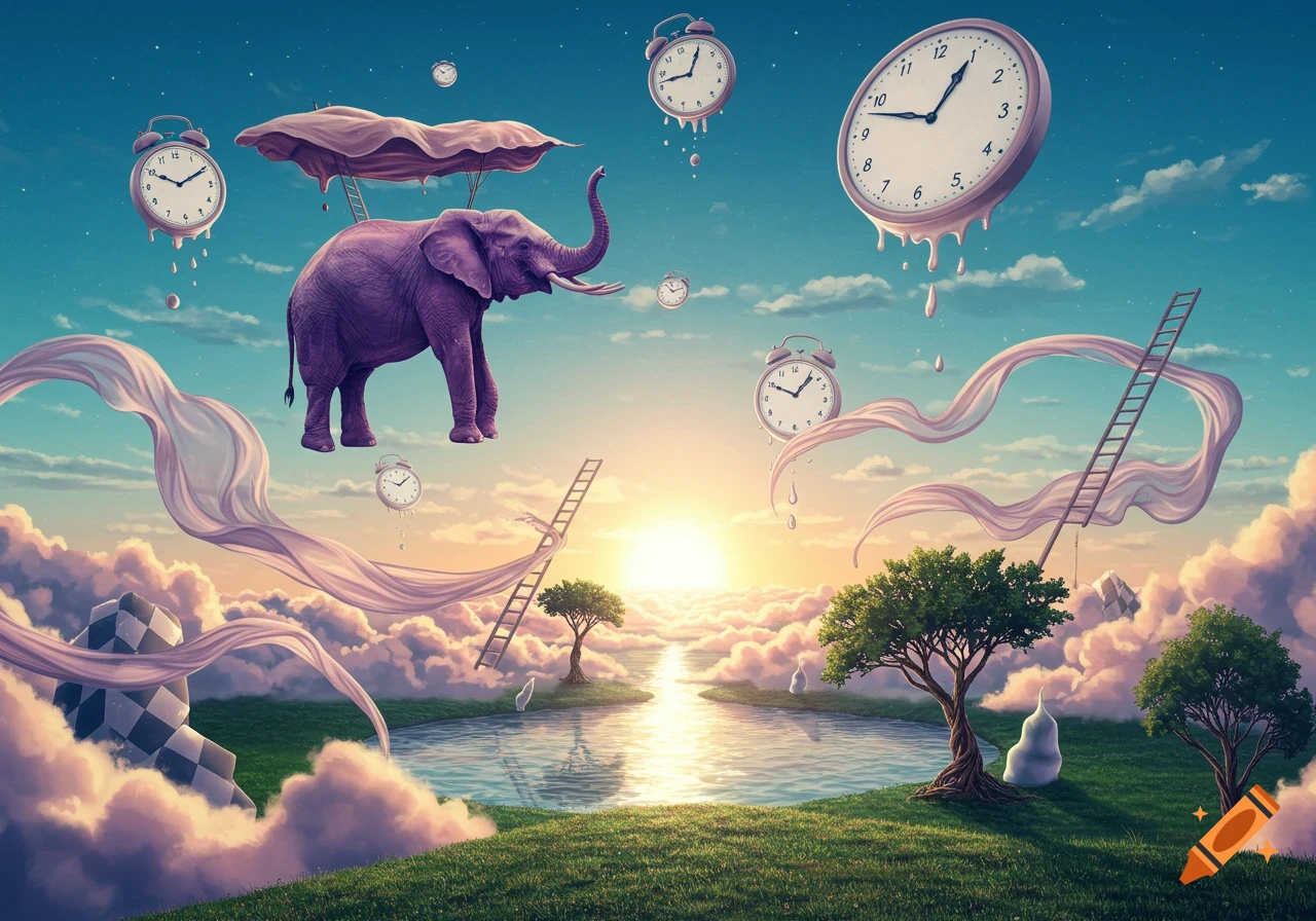 Surreal illustration of a purple elephant floating in a dreamlike sky with melting clocks, ribbons, ladders, and a lake below.