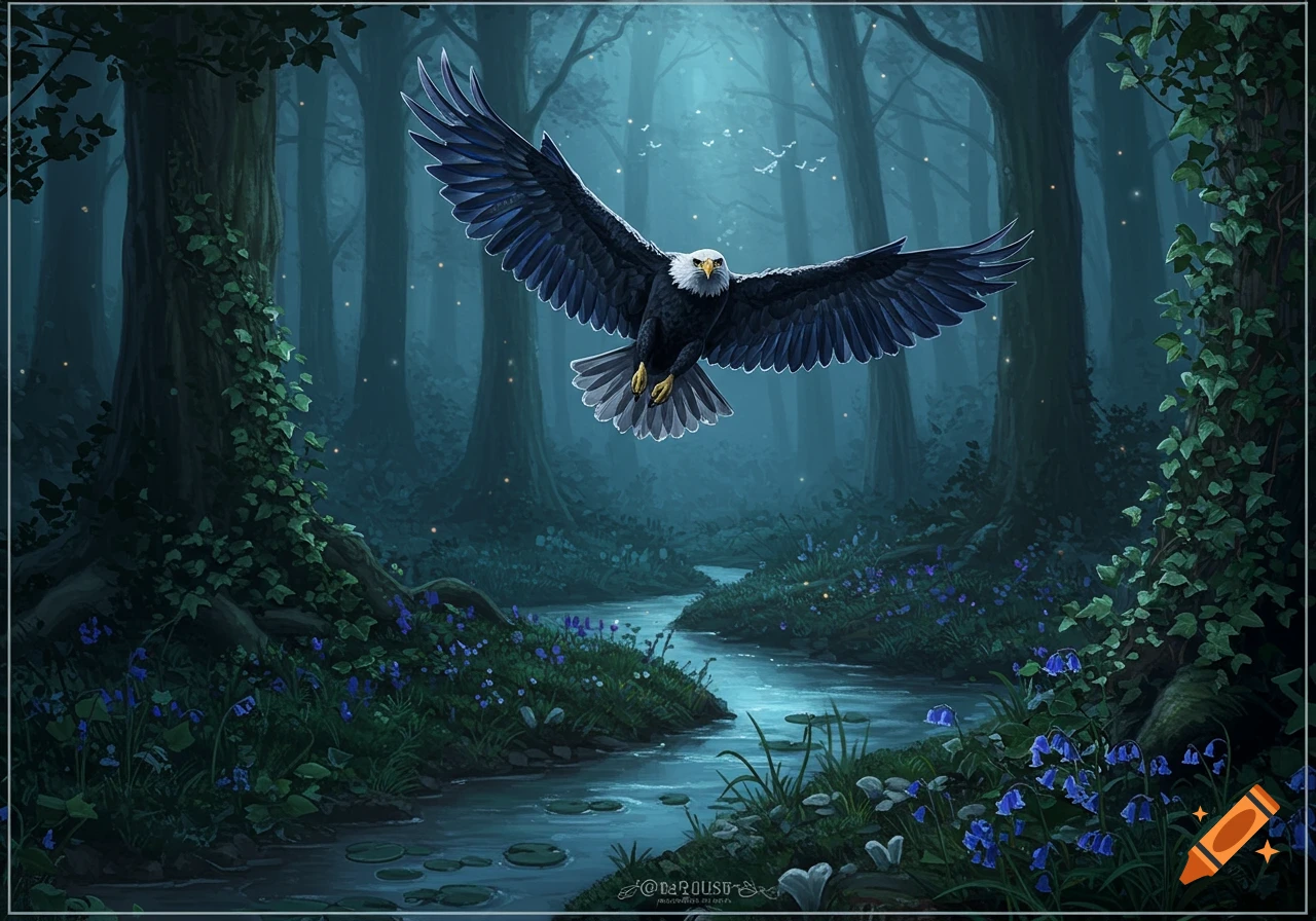 A majestic eagle with outstretched wings soars over a moonlit forest stream, surrounded by glowing fireflies and bluebell flowers.