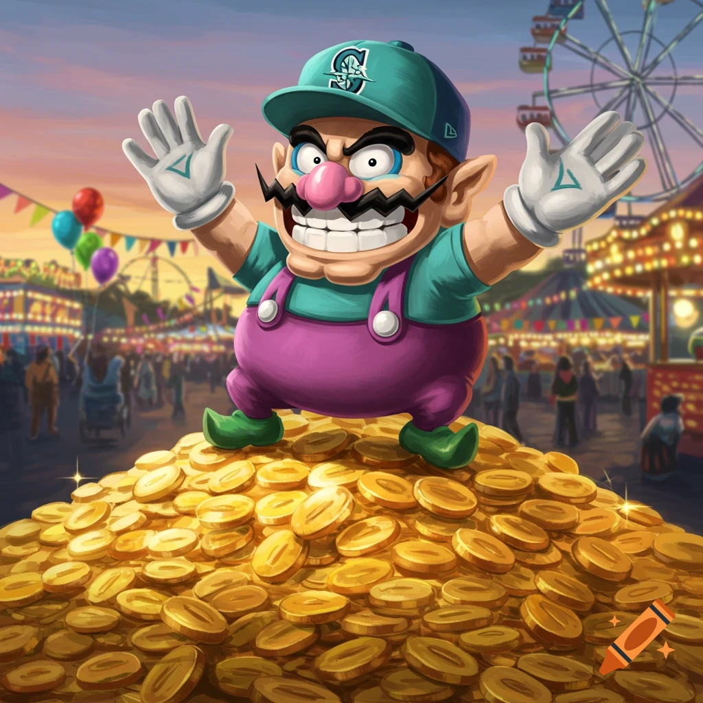 Wario stands triumphantly on a large pile of gold coins at a vibrant carnival, wearing a teal Seattle Mariners baseball cap.