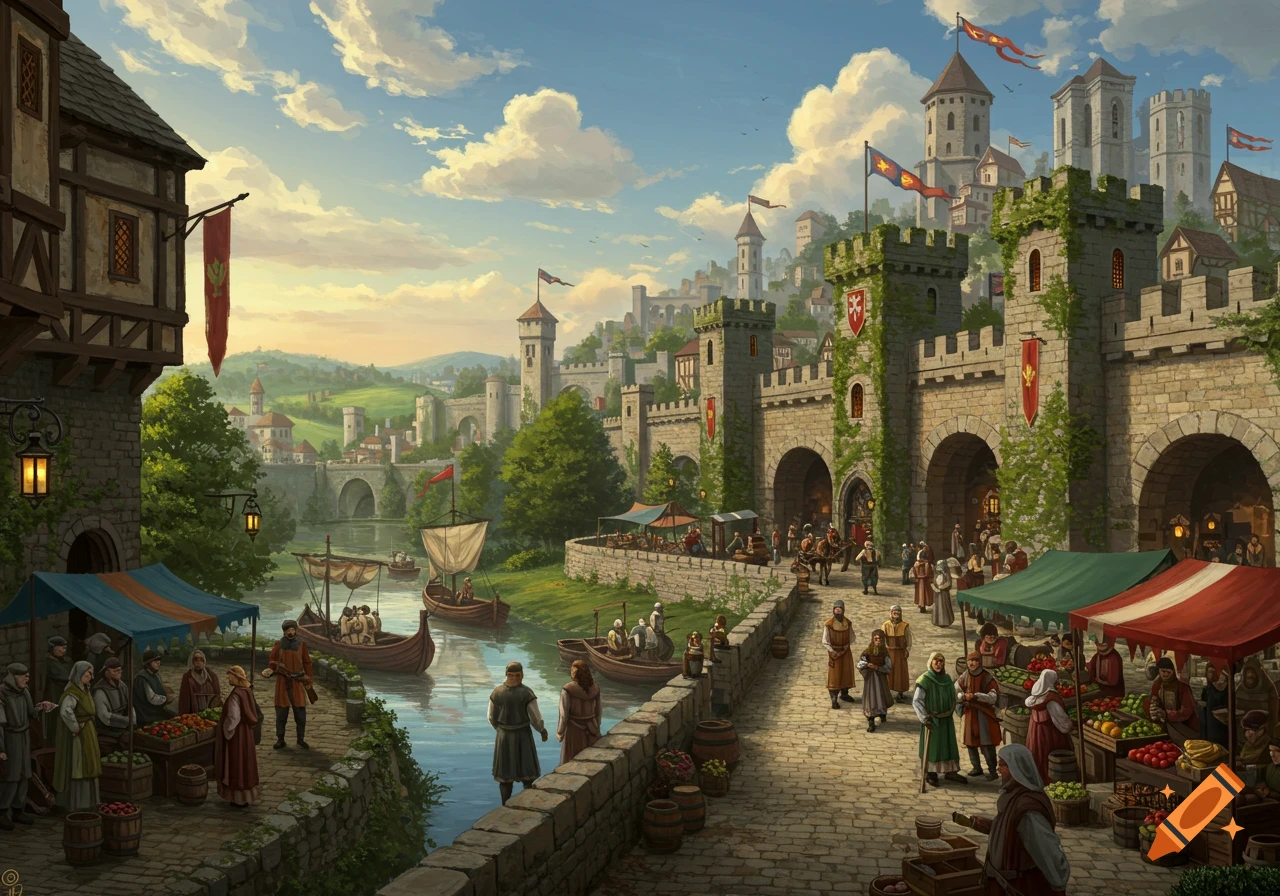 Detailed illustration of a bustling medieval market along a river, with people, boats, and a fortified castle city in the background.